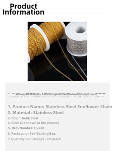 Detail of 2-meter stainless steel sunflower chain for DIY jewelry making in gold and silver