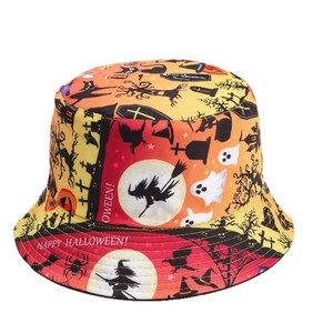 Halloween bucket hat with sunset gradient and spooky graphics like ghosts and witches