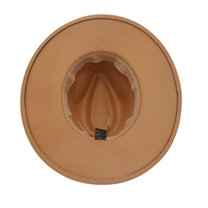 Detail view of the fedora interior showing 65% cotton fabric and neat sweatband stitching