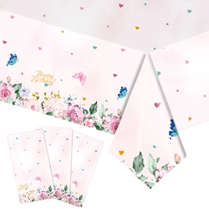 Pink butterfly and floral theme disposable plastic tablecloth for birthday party decoration