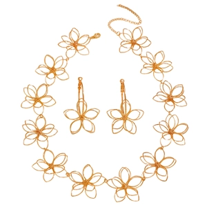 Golden hollow flower jewelry set including a pendant necklace and matching earrings