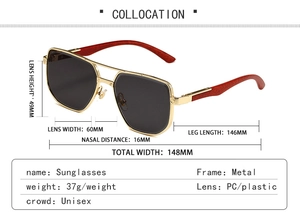 Detailed size chart for retro wood-grain square frame sunglasses with metal temples