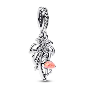Tropischer Kokosnussbaum und Flamingo-Charm aus Silber mit rosa Opal und Zirkonia