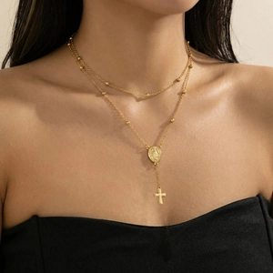 Virgin Mary Cross Double Layer Pendant Necklace Stainless Steel 18K Gold Plated Religious Fashion Jewelry For Women