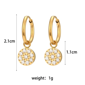 Detail view of gold hoop earrings with sparkling pave zircon pendants and size dimensions