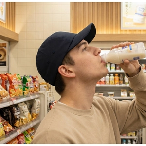 Lifestyle shot of a man wearing a minimalist navy blue quick-dry outdoor baseball cap