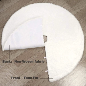 White faux fur Christmas tree skirt with non-woven fabric backing and velcro closure