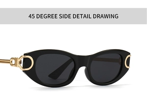 Detailed view of black oval sunglasses with golden C-shape metal hinge accents