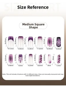 Size chart showing precise dimensions for 12 sizes of medium long square press-on nails