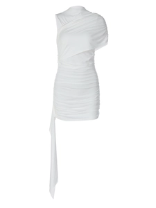 White one shoulder ruched mini dress with side drape and elegant pleated details