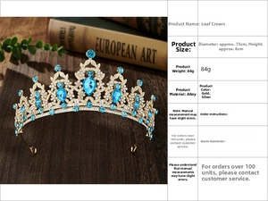 Close-up of golden leaf crown with blue water-drop crystals and 15cm diameter size detail