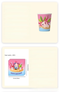 Detailed view of pink Axolotl theme party napkins and paper cups with birthday specs