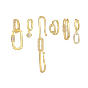 Gold geometric long drop earrings set with micro-inlaid zircon and elegant crystals