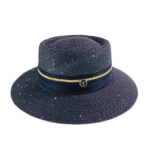 Elegant navy blue wide brim straw sun hat with sparkling sequins and gold T logo
