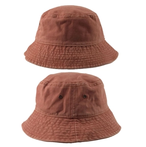 Detailed front and back views of a brick red cotton short brim bucket hat with eyelets