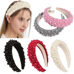 Faux Artificial Pearl Padded Headband For Women Elegant Wide Thick Sponge Hair Band French Style High Top Hair Accessories