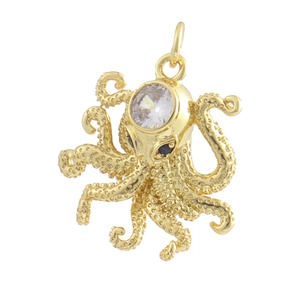 Détail du pendentif pieuvre avec un grand zircon blanc et des yeux en pierres noires