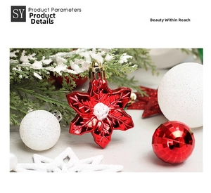 Close-up of red snowflake ornament with metallic finish and white frosted center detail