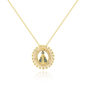 Detailed macro view of 18K gold plated necklace with blue gem and zircon pendant