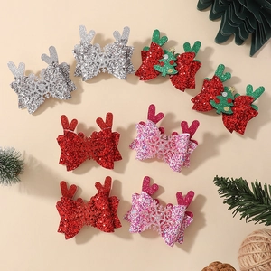 Christmas glitter bow hair clip set with reindeer antlers and snowflakes for girls