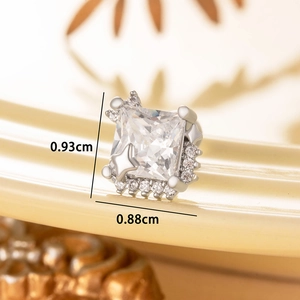 Silver square zircon stud earring with 0.93cm height and 0.88cm width dimensions