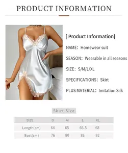 Size chart for women's imitation silk nightgown showing length and bust measurements