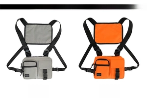Tactical chest bags in grey and orange colors with dual shoulder straps and functional buckles
