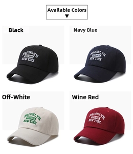 Collage showing four baseball caps in black, navy, beige, and wine red with Brooklyn embroidery