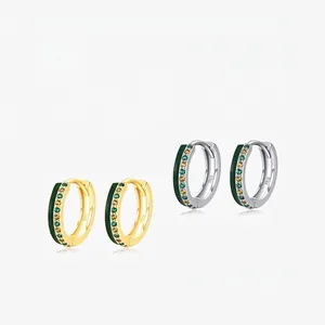 925 Sterling Silver Huggie Hoop Earrings Colorful Zircon Green Enamel Geometric Jewelry For Women