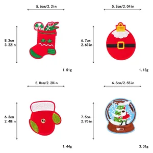 Detailed size specifications for Christmas embroidery patches including socks and mittens