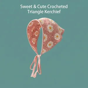 Pink crochet floral bandana with daisy patterns and adjustable knitted strap for women