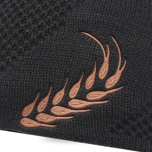 Black knit hat with bronze wheat ear embroidery, winter thermal beanie for cold weather