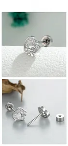 Macro shot of micro-pushed zircon heart stud earring with secure threaded flat back screw