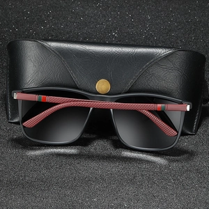 Polarized square sunglasses with burgundy textured temples and premium leather case