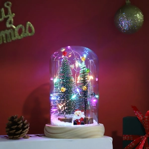 Close-up of a Christmas tree glass dome with LED lights, Santa Claus, and wooden base