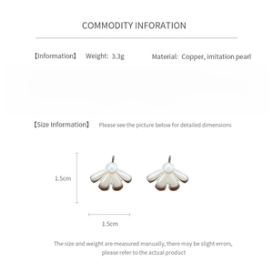Detailed spec sheet showing 3.3g copper and pearl floral fan stud earrings dimensions