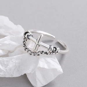 925 Sterling Silver Open Ring With Cross And Chain Vintage Distressed Adjustable Jewelry Gift For Women