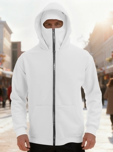 Close-up of a white full-zip hoodie featuring a unique hood that zips up to cover the face