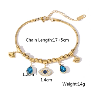 Detailed view of evil eye bracelet with blue zircon charms and 17+5cm chain length info
