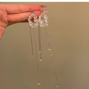 Irregular crystal geometric round earrings with long silver tassel pendants for women