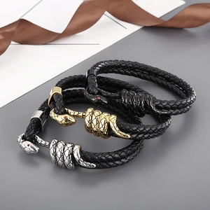 Braided leather snake bracelets in gold, silver and black with stainless steel clasps