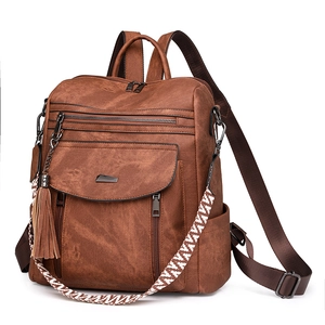 Women Vintage PU Leather Backpack With Tassel Decor And Woven Shoulder Strap Multi Pocket Fashion Daypack