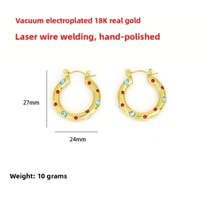 Detail view of 18K gold plated hoop earrings with red and blue zircon inlay and dimensions
