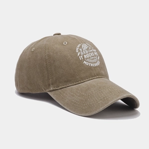 Classic washed cotton baseball cap in khaki with Motherhood print on white background