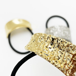 Elastic hair ties with punk style irregular zinc alloy metal accents in gold and silver
