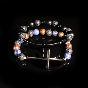 Men's double beaded bracelet set with gunmetal crosses and matte black lava stones