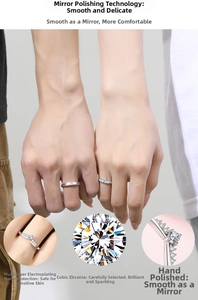 Macro details of polished S925 sterling silver couple rings with cubic zirconia inlay