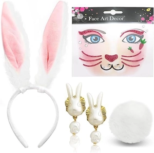 Detailed rabbit accessory set with plush ears, pom-pom tail, earrings, and face art stickers