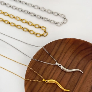 Italian horn pendant necklace in gold and silver finish with stainless steel link chains