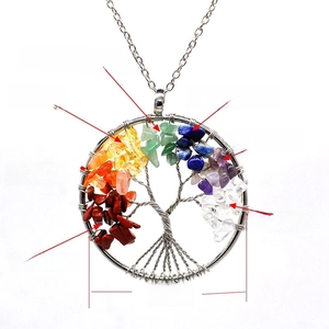 Handmade tree of life pendant necklace featuring 7 chakra natural crystals 5cm diameter